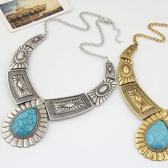 Antique Silver & Turquoise Western Southwestern Bohemian Statement Necklace NEW - Picture 4 of 8